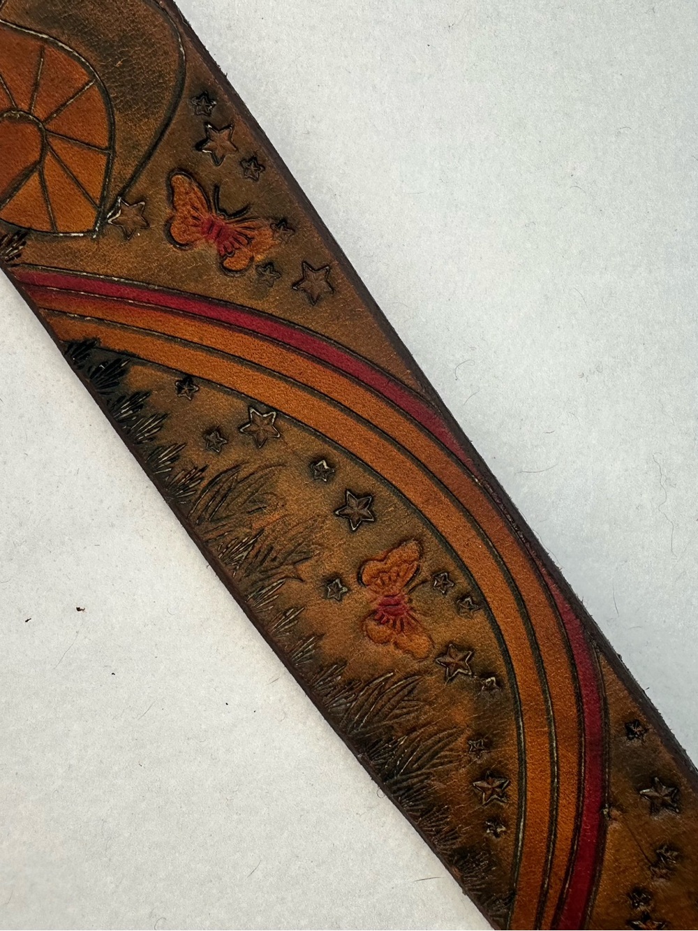 Vintage 70s Tooled Leather Belt Hand Painted Mushrooms Rainbow Butterflies Stars